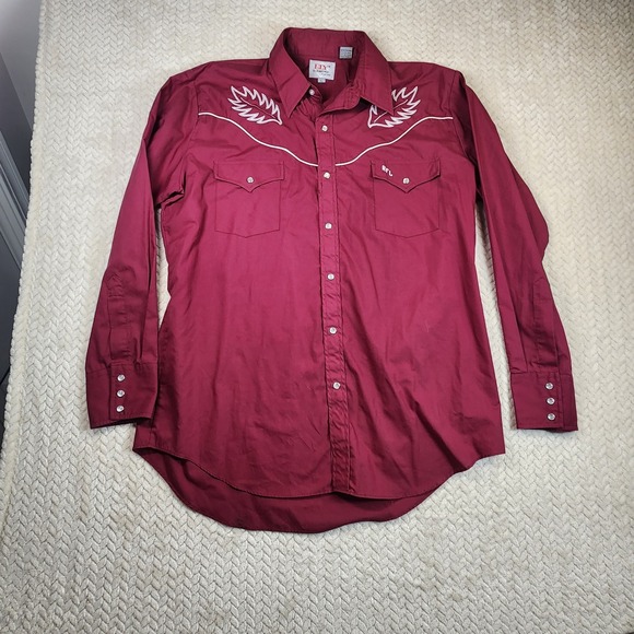 Ely Diamond Mens L Western Cowboy Rodeo Shirt Burgundy Feather Embroidery - Picture 3 of 10